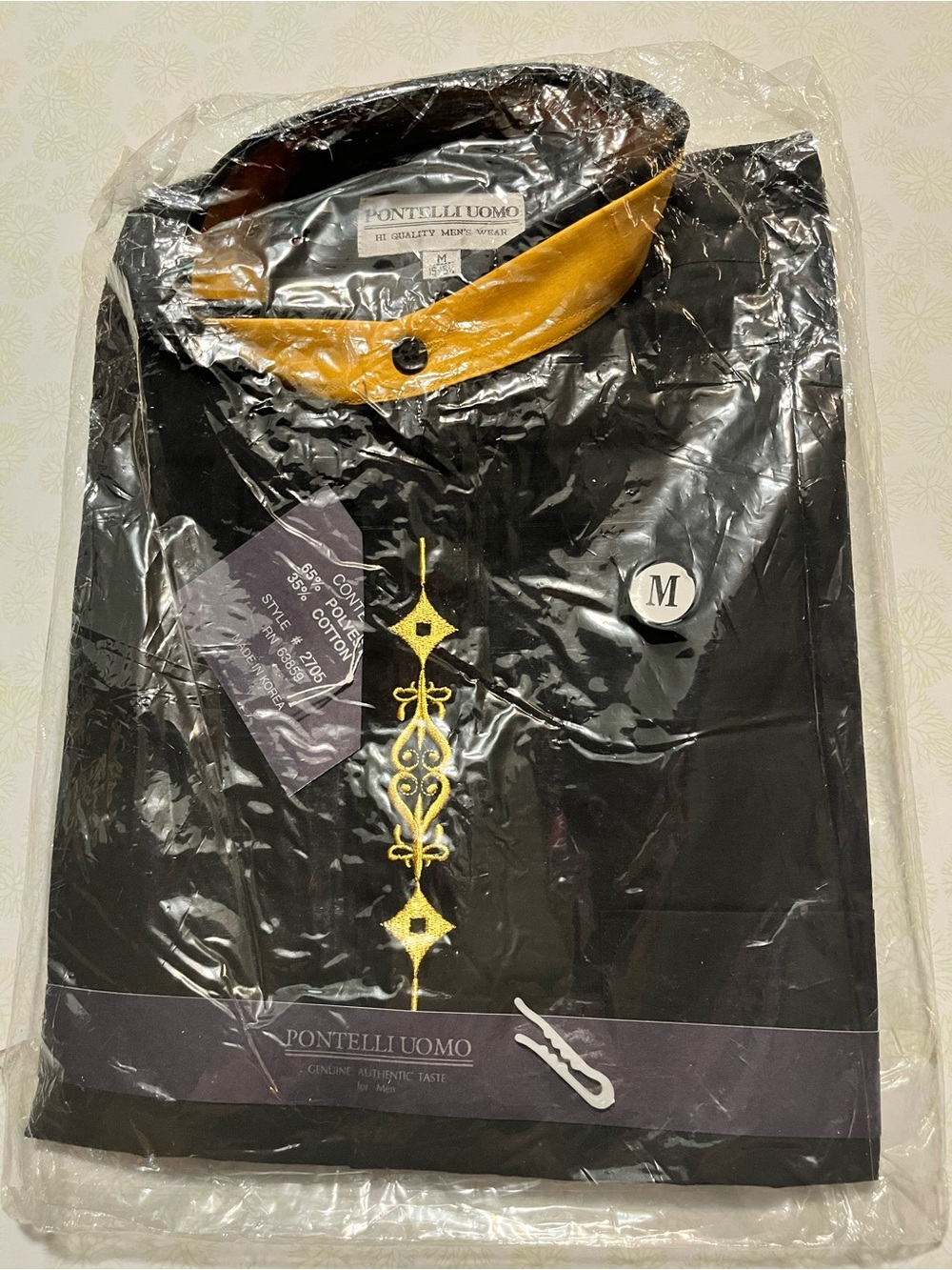 Pontelli Uomo Men’s M Black Gold Embroidered Shirt Contrast Collar NIP